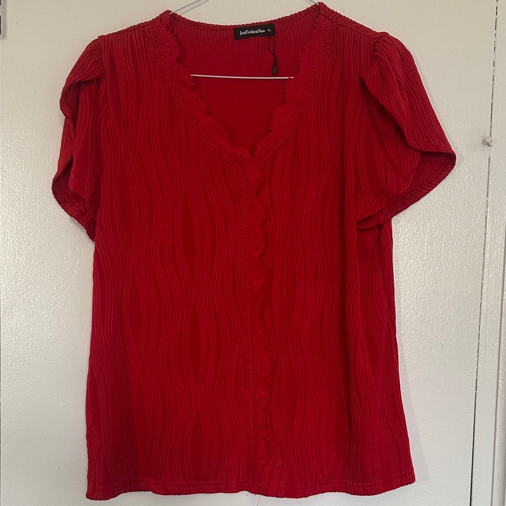 Just Fabulous Red Textured V-Neck Short Sleeve Blouse